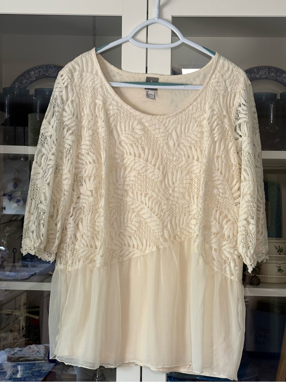 Fair Lady Top, US size 12 cream lace overlay with a gauze ruffle
